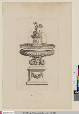 [Auf einem Podest stehender Brunnen mit einem Tritonenkind mit Lorbeerkranz auf einem wasserspeienden Delphin sitzend]