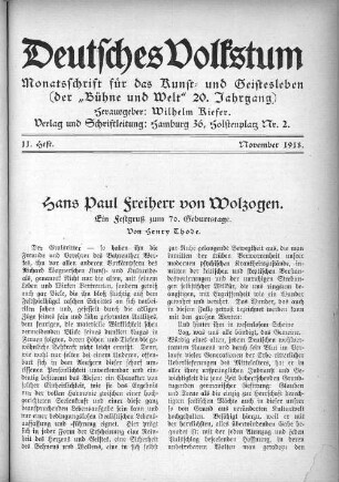 Hans Paul Freiherr von Wolzogen. Ein Festgruß zum 70. Geburtstage. Von Henry Thode.
