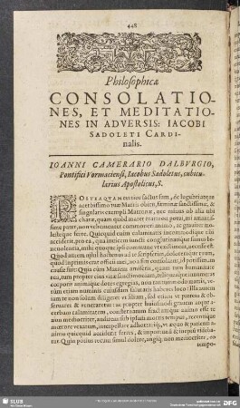 Philosophicae Consolationes, Et Meditationes in Adversis: Iacobi Sadoleti Cardinalis