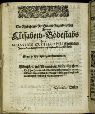 Der Ehrbahren/ Viel Ehr- und Tugendreichen Frawen Elisabethæ Bödestabs [...]