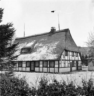 Fachwerkhaus mit Reetdach im Winter
