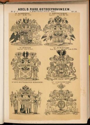 Taf. 23. Gf. Rehbinder. R.-Grf. 22.VII.1787. - Gf. Ribeaupierre. Russ. Grf. 14/26.VIII.1856. - Gf. Rüdiger. Russ. Grf. 3/15.X 1847. - Gf. Rumjänzow. Russ. Grf. 15/26.VI.1744. - Gf. Sayn-Wittgenstein-Berleburg. - Gf. Scheremetjew. Russ. Grf. 1706