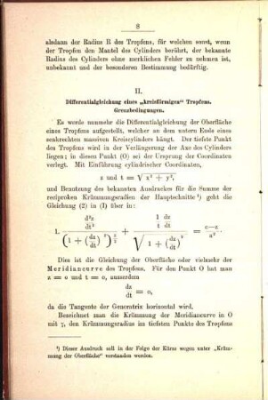 II. Differentialgleichung eines "kreisförmigen" Tropfens. Grenzbedingungen.