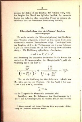 II. Differentialgleichung eines "kreisförmigen" Tropfens. Grenzbedingungen.