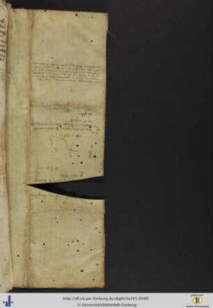[Freistehender hinterer Spiegel] Fragment einer lateinischen Pergamenturkunde des 1. Drittels des 15. Jhs (Notariatsinstrument).