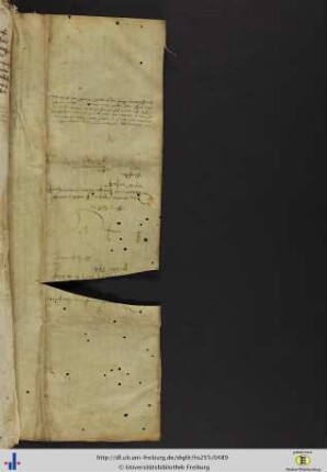 [Freistehender hinterer Spiegel] Fragment einer lateinischen Pergamenturkunde des 1. Drittels des 15. Jhs (Notariatsinstrument).