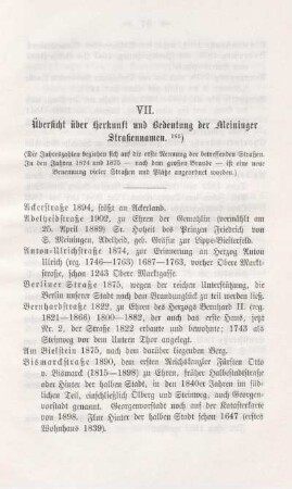 VII. Übersicht über Herkunft und Bedeutung der Meininger Straßennamen