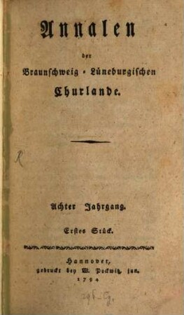Annalen der Braunschweig-Lüneburgischen Churlande. 8, 8. 1794