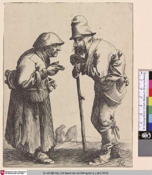 [Eine Bettlerin mit einem Korb am Arm unterhält sich mit einem Bettler; wo beggars. A female beggar holding a basket at left, standing opposite and in conversation with a male beggar at right, both seen in profile towards each other, two other beggars in background.]