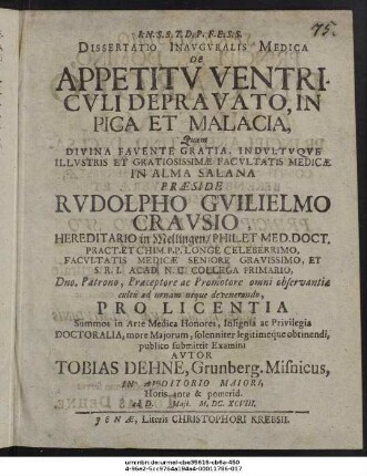 Dissertatio Inauguralis Medica De Appetitu Ventriculi Depravato, In Pica Et Malacia