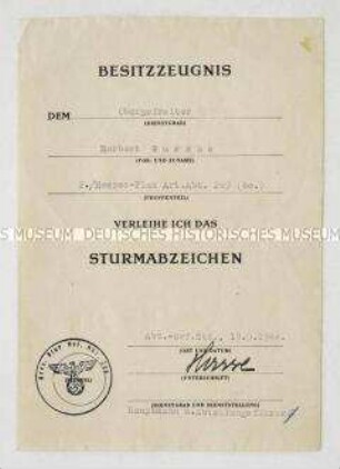 Urkunde zum Sturmabzeichen - Personenkonvolut