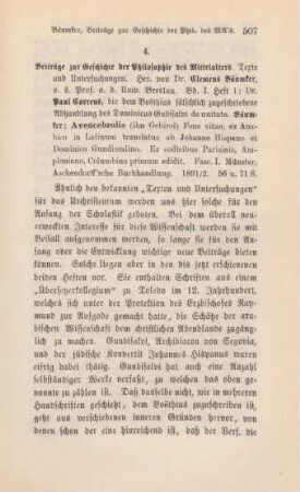 507-509 [Rezension] Correns, Paul, Die dem Boethius fälschlich zugeschriebene Abhandlung des Dominicus Gundisalvi De unitate