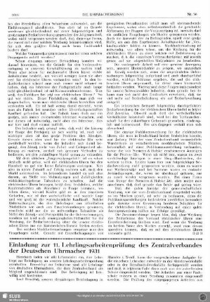 Einladung zur 11. Lehrlingsarbeitenprüfung des Zentralverbandes der Deutschen Uhrmacher 1931