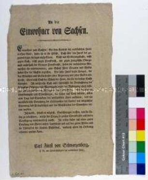 Bekanntmachung des Oberbefehlshabers der verbündeten Streitkräfte gegen Napoleon Karl Fürst zu Schwarzenberg an die Sachsen anlässlich des Eintritts der Heere auf sächsisches Gebiet