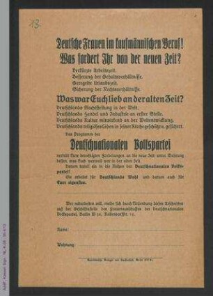 Deutschnationale Volkspartei - Deutsche Frauen im kaufmännischen Beruf! Was fordert Ihr von der neuen Zeit?