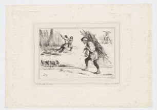 Holzfäller, Holzarbeiter mit Bündel auf dem Rücken und Pferde, ein Stück Holz ziehend, Blatt 1 der Folge "Zwölf Skizzenblätter"