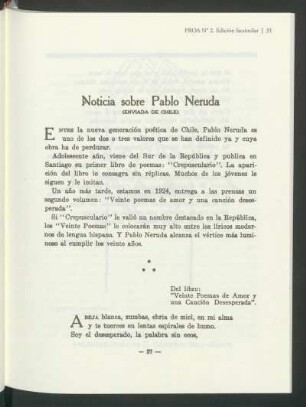 Noticia sobre Pablo Neruda : (Enviada de Chile)