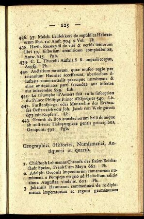 Geographici, Historici, Numismatici, Antiquarii in quarto.