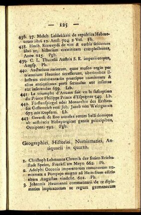 Geographici, Historici, Numismatici, Antiquarii in quarto.