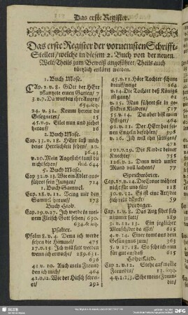 Das erste Register der vornemsten Schrifft-Stellen, welche in diesem 2. Buch von der neuen Welt, Theils zum Beweiß angeführet, Theils auch kürtzlich erkläret werden