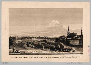 Ansicht der Stadtbefestigung Bastion Sol mit dem Ausfalltor nordwestlich von Dresden im Jahr 1747, nach Canaletto, Blatt Teil der Chronik: Der Sammler für Geschichte und Alterthum, Kunst und Natur im Elbthale, 1835