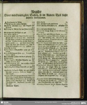 Register Derer merckwürdigsten Sachen, so im Andern Theil dieser Historie vorkommen