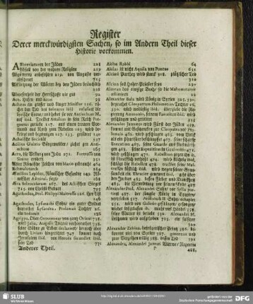 Register Derer merckwürdigsten Sachen, so im Andern Theil dieser Historie vorkommen