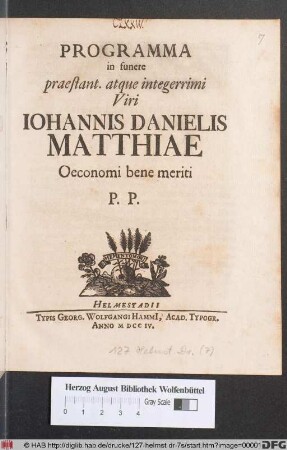 Programma in funere praestant. atque integerrimi Viri Iohannis Danielis Matthiae Oeconomi bene meriti P.P.