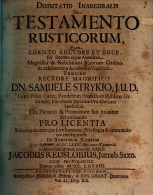 Disputatio Inauguralis De Testamento Rusticorum