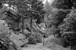 St. Odile: Waldweg der Stationen und Felsen des Odilienbergs, mit Tafeln und Touristen