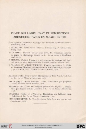 Revue des livres d´art et publications artistiques parus en Alsace en 1928