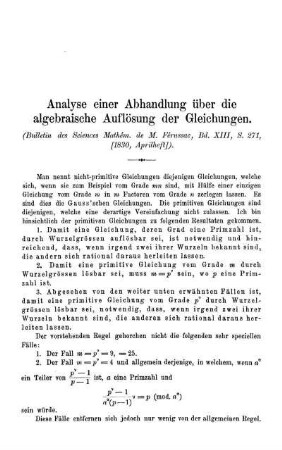 Analyse einer Abhandlung über die algebraische Auflösung der Gleichungen.
