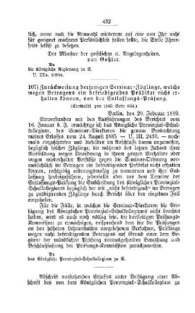 Zurückweisung derjenigen Seminar-Zöglinge, welche wegen Betragens ein befriedigendes Prädikat nicht erhalten können, von der Entlassungs-Prüfung : [IV. Seminare, etc., Bildung der Lehrer und deren persönliche Verhältnisse]