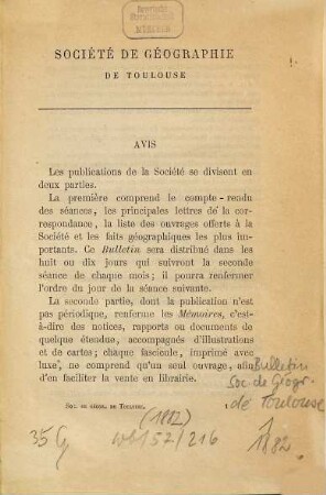 Bulletin de la Société de Géographie de Toulouse. 1. 1882