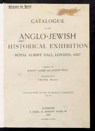 Catalogue of the Anglo-Jewish Historical Exhibition : Royal Albert Hall, London 1887