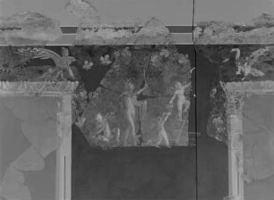 Wandbild: Eroten bei der Weinlese von einem Satyr begleitet