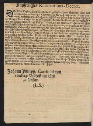 Kayserliches Ratifications-Decret