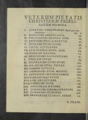Veterum Pietatis Christianae Professorum Nomina.