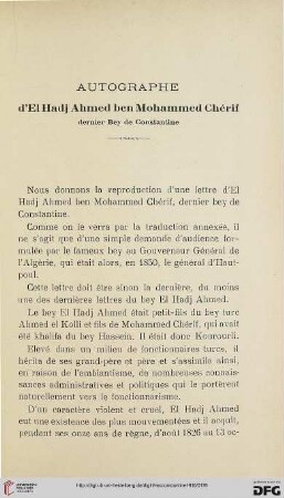 Sér. 5: Autographe d'El Hadj Ahmed ben Mohammed Chérif dernier Bey de Constantine
