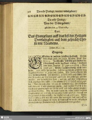 Die erste Predigt, Von der Widergeburt, gehalten den 25. Maji, 1684