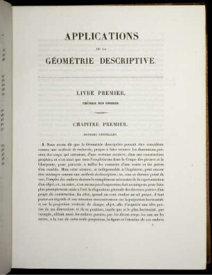 Applications de la Géométrie Descriptive. Livre Premier. Theórie des Ombres. Chapitre Premier.