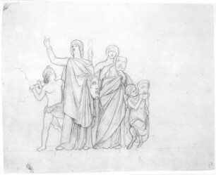 Entwurf zum Nordgiebel : Rietschel, Ernst. Nordgiebel des Berliner Opernhauses: "Die Musik zwischen Ballett und Oper". Entwurf zum Nordgiebel. Bleistift auf elfenbeinfarbenem Velin; 26,5 x 32,6 cm. Herbst 1843/Frühling 1844. Privatbesitz. WVZ 290
