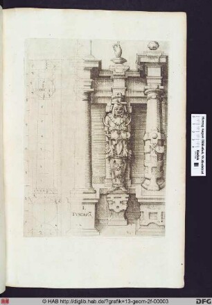 Toskanische Ordnung. Zwei toskanische Säulen mit Gebälk und Atlant.