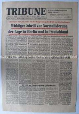 Tageszeitung des FDGB "Tribüne" zur Übertragung der Rechte der sowjetischen Besatzungsmacht über Ost-Berlin an die DDR