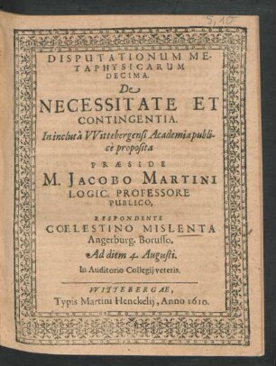 Disputationum Metaphysicarum Decima. De Necessitate Et Contingentia