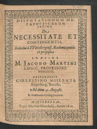 Disputationum Metaphysicarum Decima. De Necessitate Et Contingentia