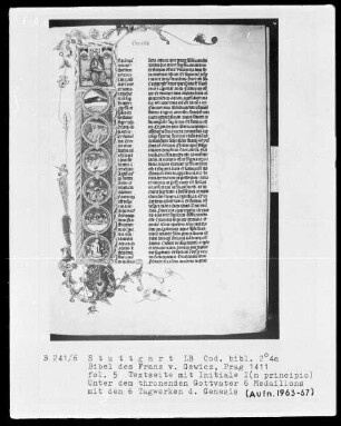 Lateinische Bibel in zwei Bänden für Franz von Gewicz — Initiale I (n principio) mit der Schöpfungsgeschichte, Folio 5recto