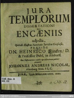 Jura templorum : dissertationi de encaeniis adiecta