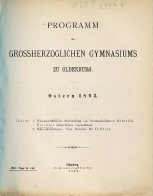 Programm des Grossherzoglichen Gymnasiums zu Oldenburg : Ostern ... 1891/92