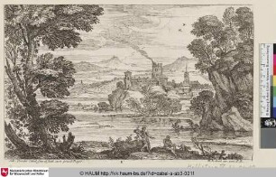 [Landschaft mit zwei rastenden Männern mit Hund am Ufer eines Flusses, im Hintergrund eine Burg]